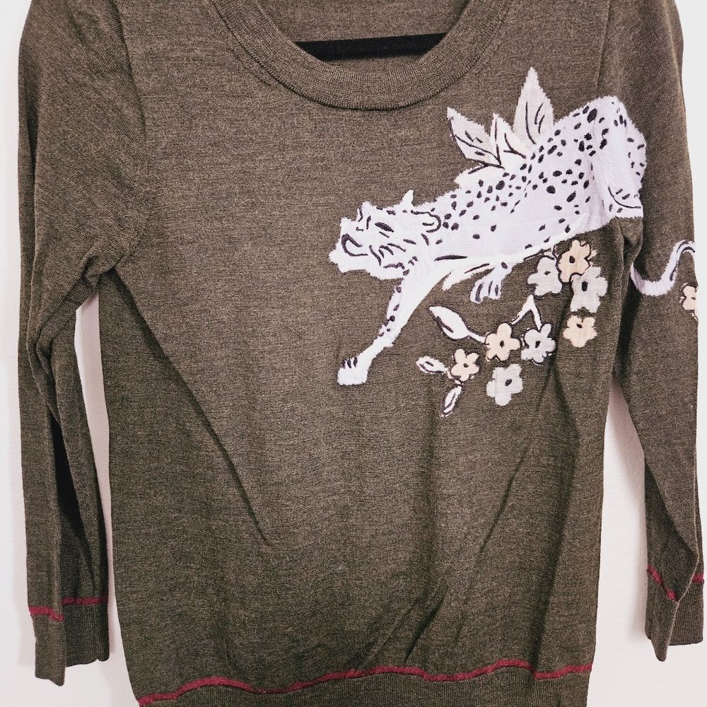 J Crew Merino 7/8 Sweater with Leopard Applique